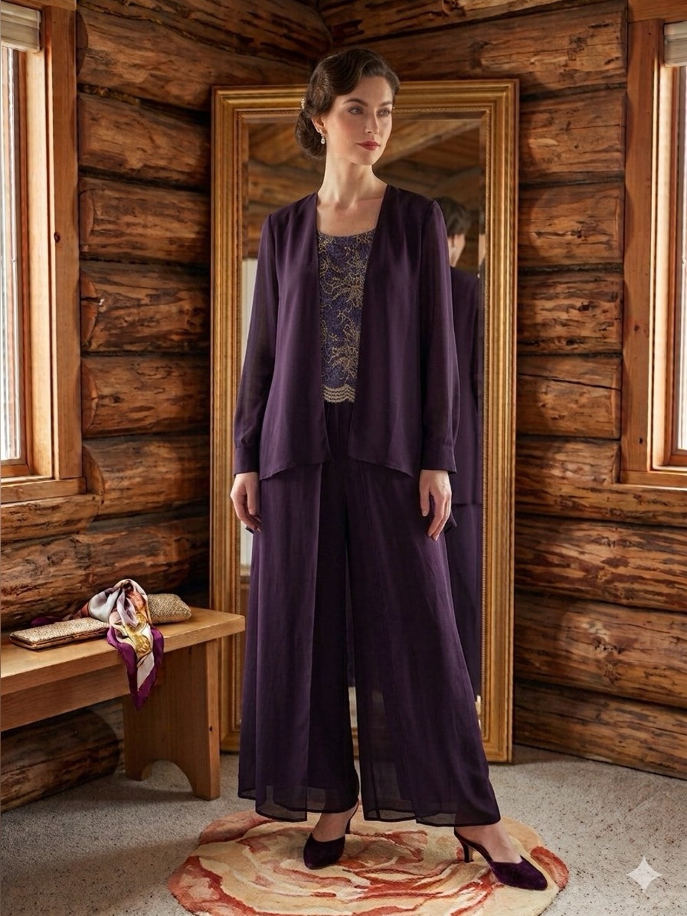 💜Vintage Karen Miller New York 10 Maxi Jumpsuit Gold And Purple Embroidered lace